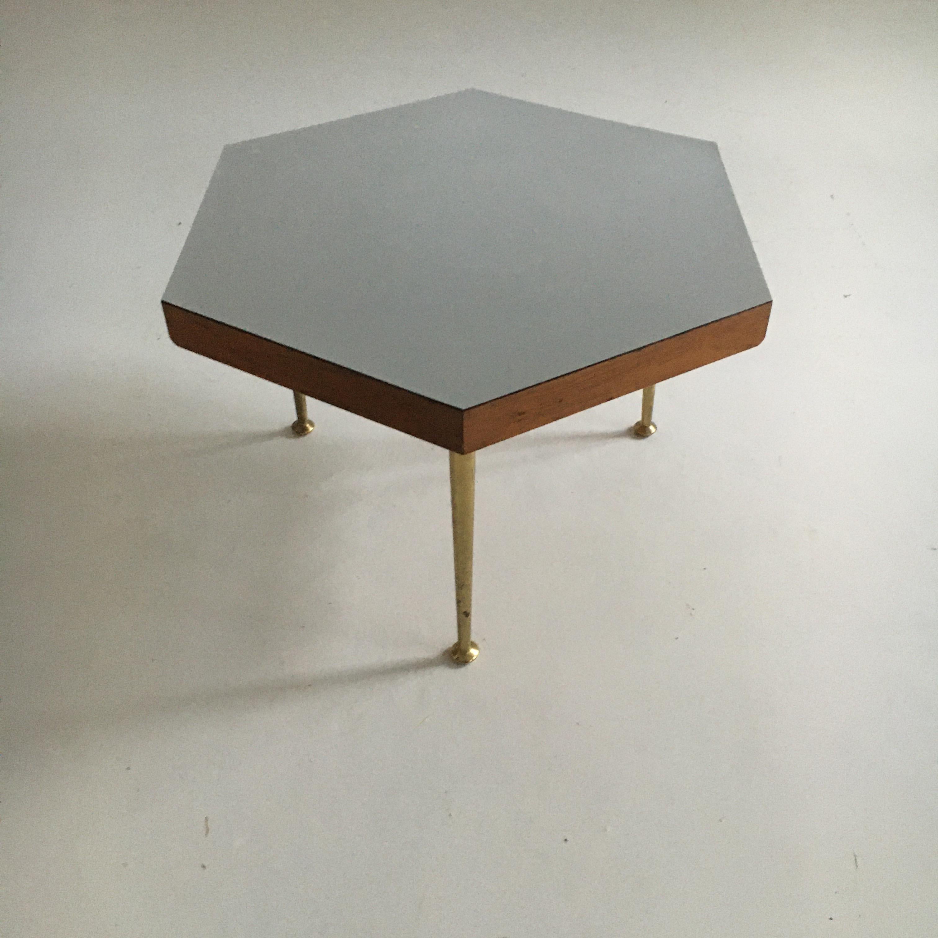 Mid-Century Modern Octagonal Side Table With Formica Top and Brass Legs, Austria 1950.