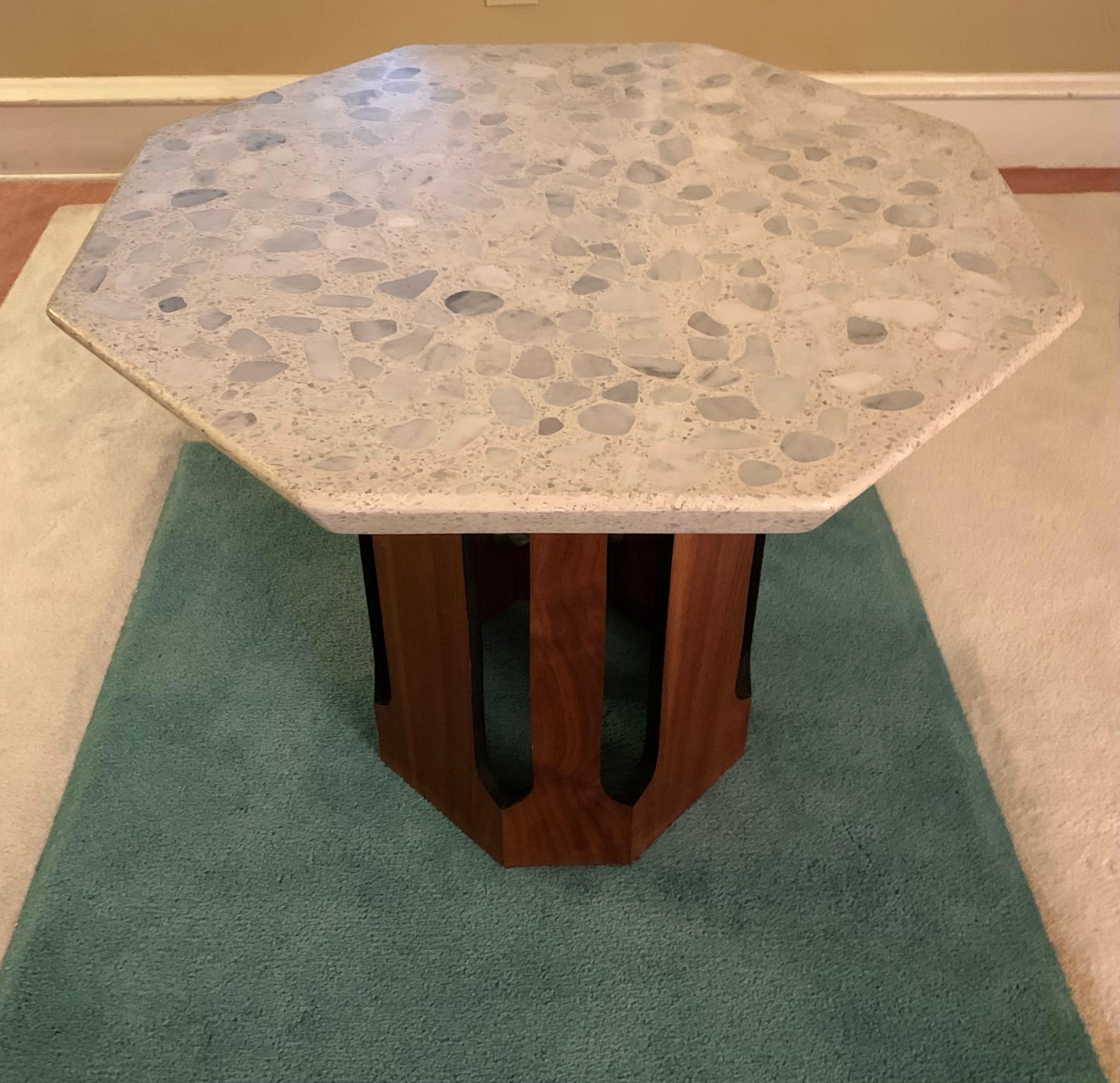 Wonderful occasional table designed by Probber in the late 50's. 

Thick gray terrazzo stone octagonal top. 

Weighty little table, but still lightweight enough to move around where needed.

Wood base has a traditional MCM vibe, but this table