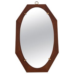 Mid Century Modern Octagonal Wall Mirror in teak and brass, Italy 1960s