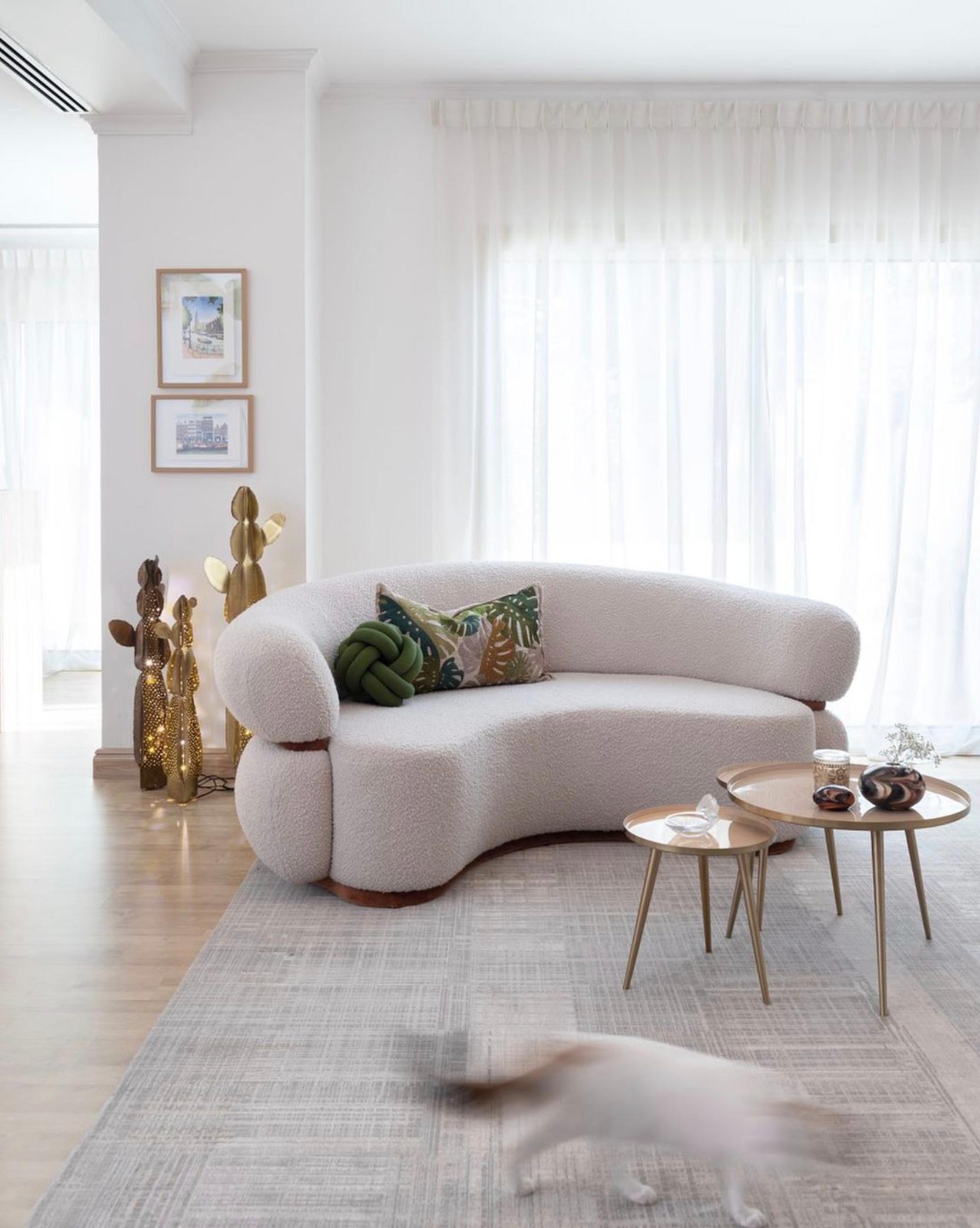 Contemporary Mid-Century Modern Off-white Bouclé Malibu Round Sofa, Blue Velvet, w=240 For Sale