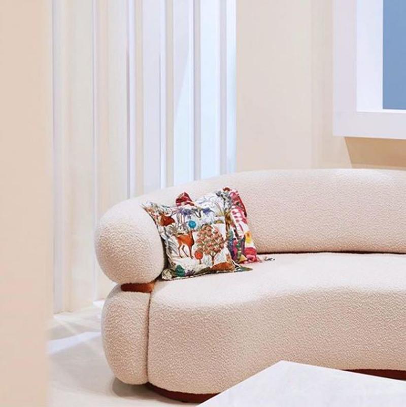 Mid-Century Modern Off-white Bouclé Malibu Round Sofa, Green Velvet, w=240 For Sale 1