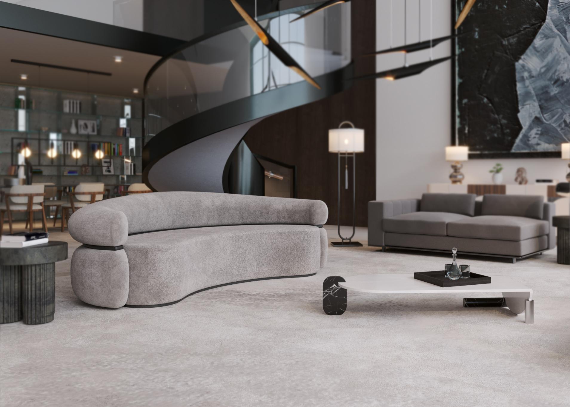 Mid-Century Modern Off-White Bouclé Malibu Rundes Sofa, Grüner Samt, w=240 im Angebot 2