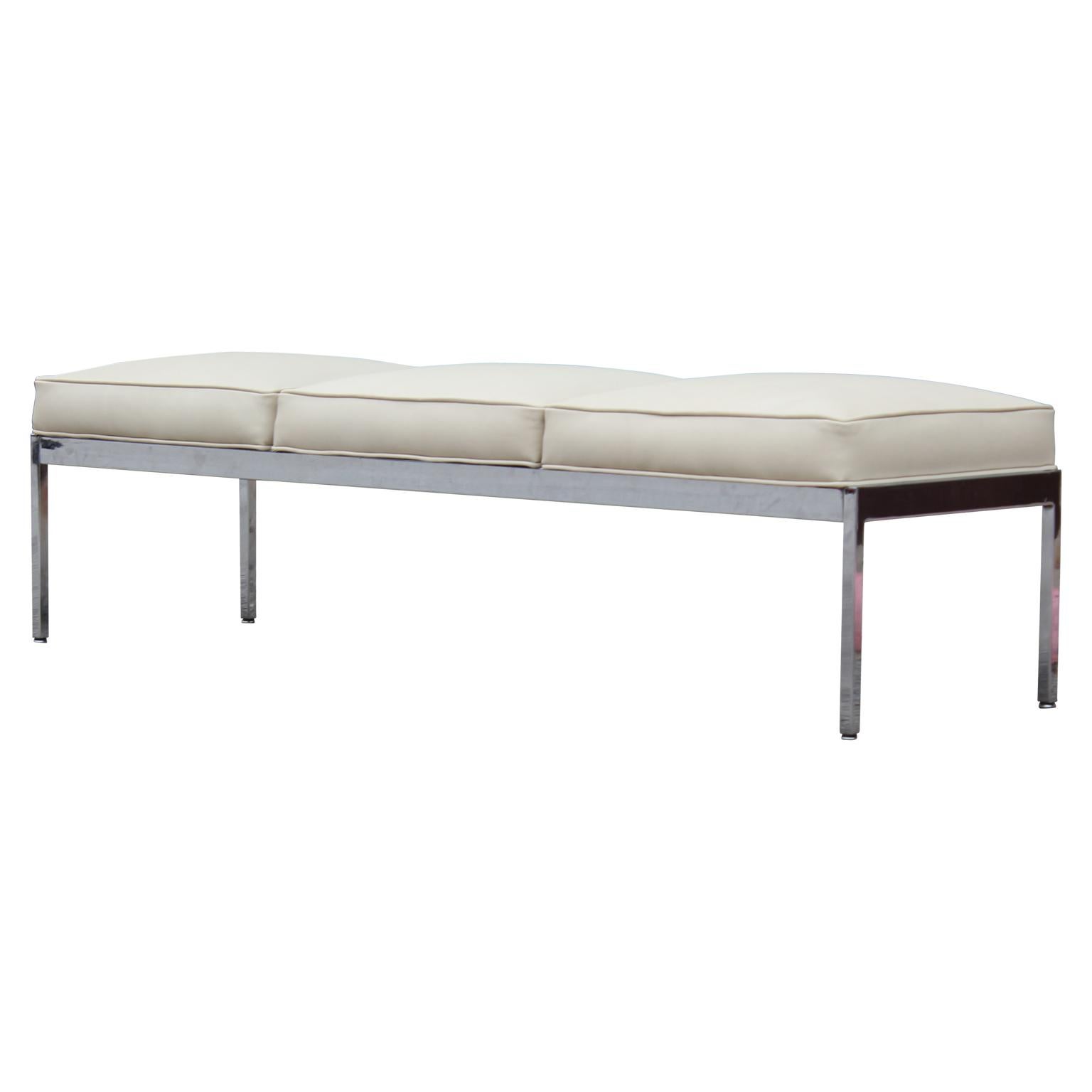 American Mid-Century Modern off White Leather Knoll Style Chrome Bench