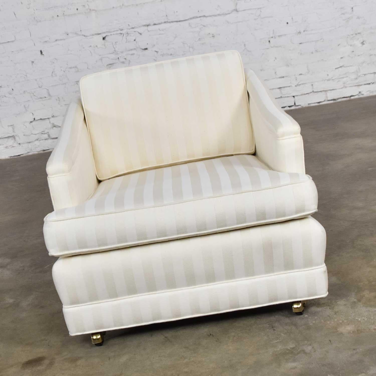 American Mid-Century Modern Off White Tone on Tone Stripe Lounge Chair on Rolling Casters For Sale