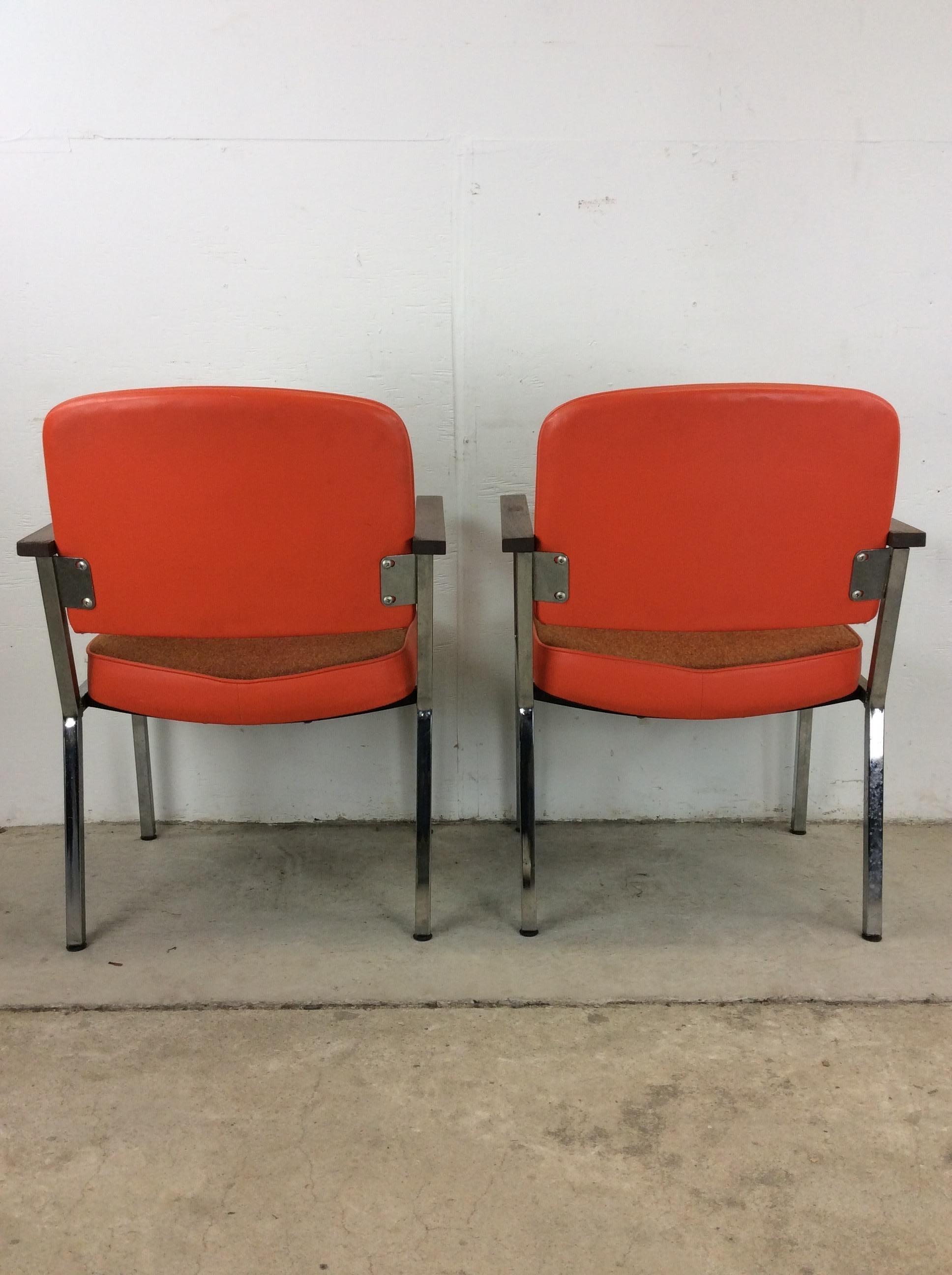 Mid Century Modern Office Chairs with Vintage Orange Vinyl Upholstery In Good Condition For Sale In Freehold, NJ