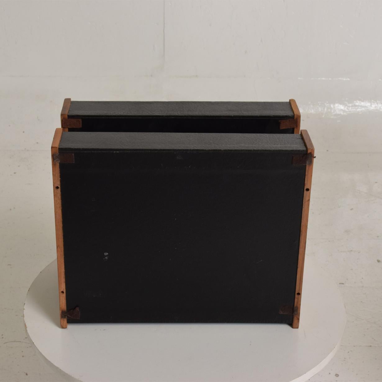 Mid-Century Modern Office Desk Accessory, Teak Wood &B Faux Leather Service Tray 3