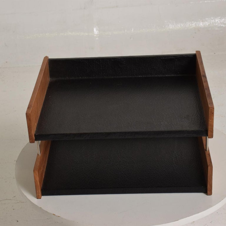 MidCentury Modern Office Desk Accessory, Teak Wood &B Faux Leather Service Tray at 1stDibs