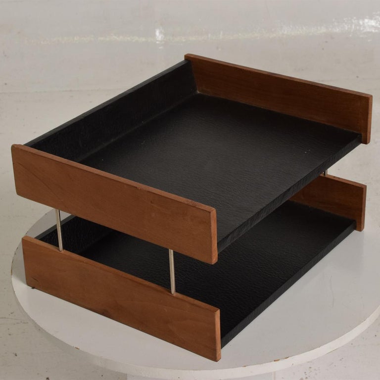 MidCentury Modern Office Desk Accessory, Teak Wood &B Faux Leather Service Tray at 1stDibs