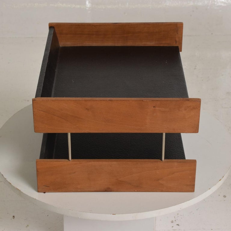 MidCentury Modern Office Desk Accessory, Teak Wood &B Faux Leather