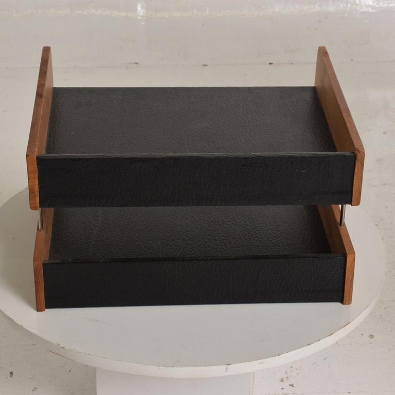 MidCentury Modern Office Desk Accessory, Teak Wood &B Faux Leather