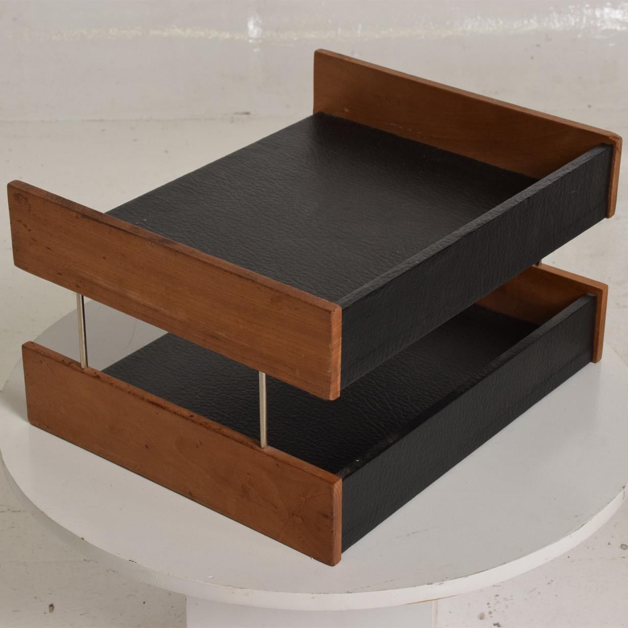 Mid-20th Century Mid-Century Modern Office Desk Accessory, Teak Wood &B Faux Leather Service Tray