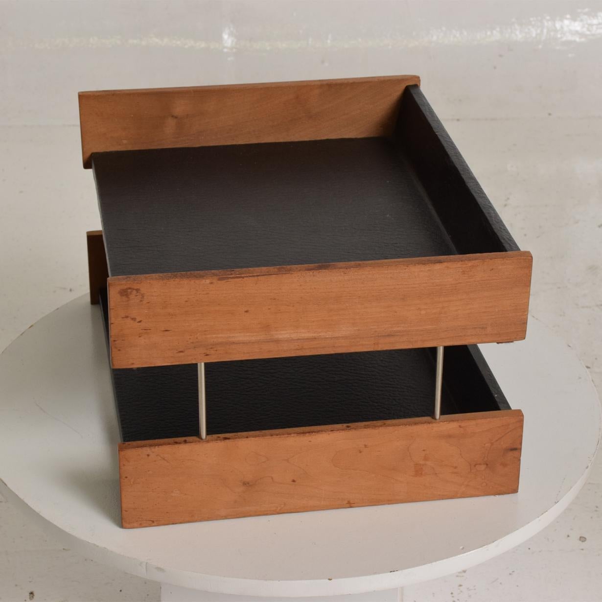 Mid-Century Modern Office Desk Accessory, Teak Wood &B Faux Leather Service Tray 1