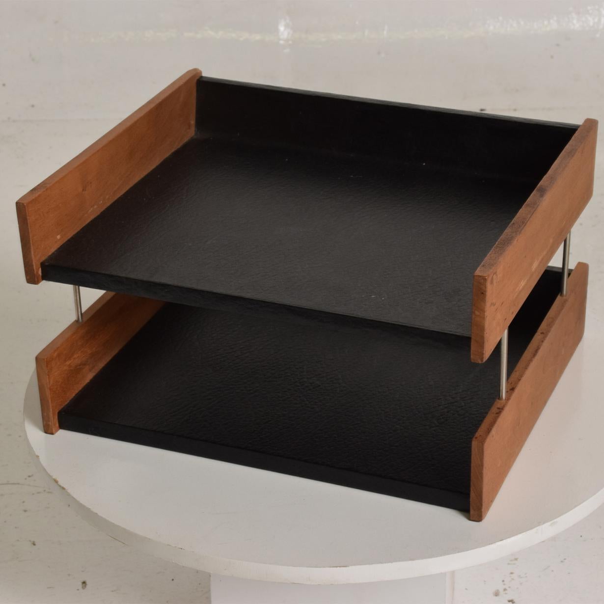 Mid-Century Modern Office Desk Accessory, Teak Wood &B Faux Leather Service Tray 2