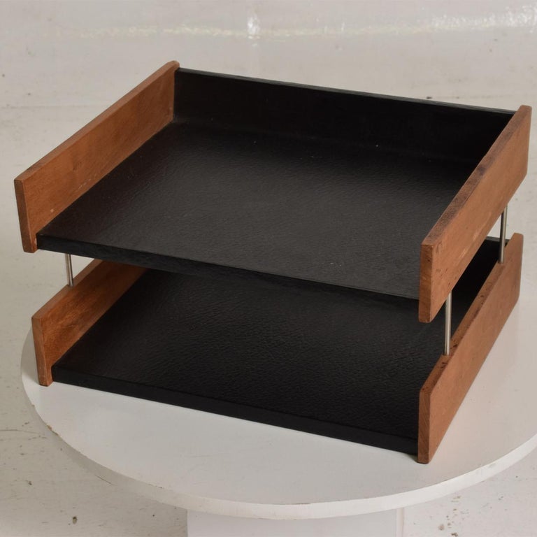 MidCentury Modern Office Desk Accessory, Teak Wood &B Faux Leather