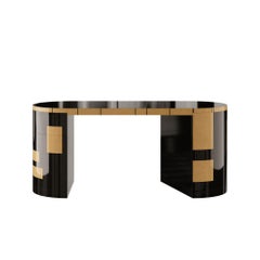 Mid-Century Modern Office Desk Black Hidden Side Storage Wood &Natural Wood