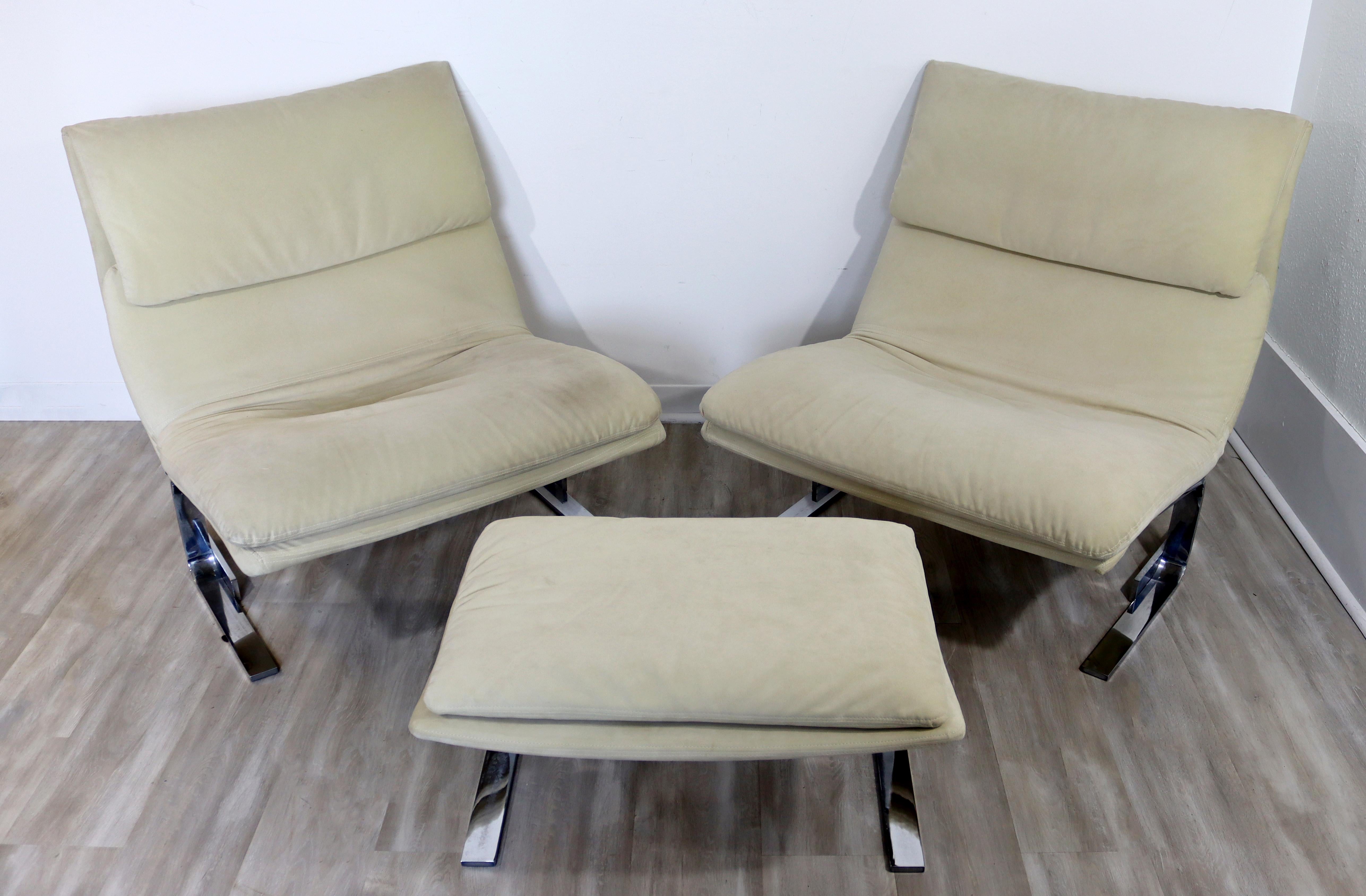 Mid-Century Modern Offredi Saporiti Pair Onda Wave Lounge Chairs & Ottoman 1970s In Good Condition In Keego Harbor, MI