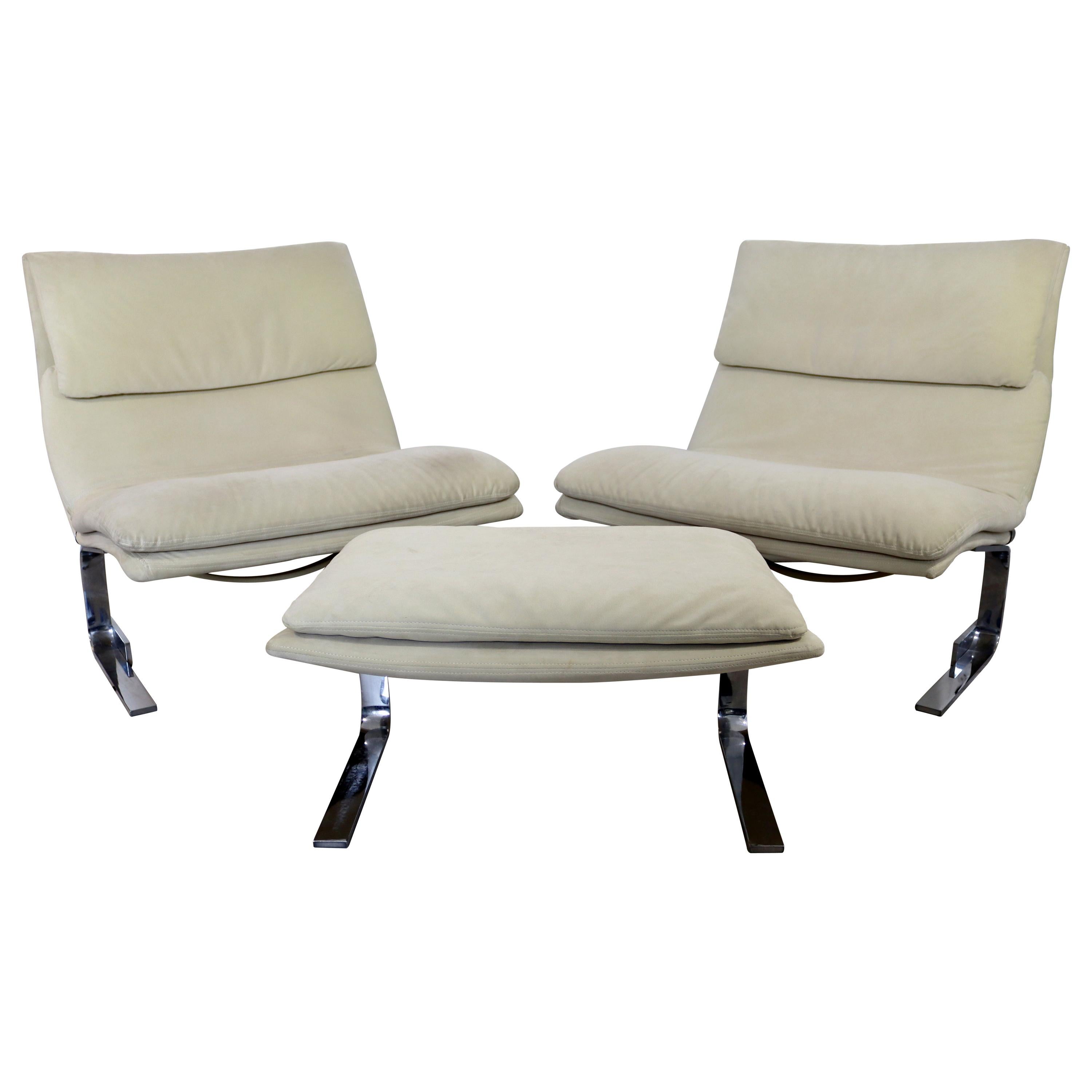 Mid-Century Modern Offredi Saporiti Pair Onda Wave Lounge Chairs & Ottoman 1970s