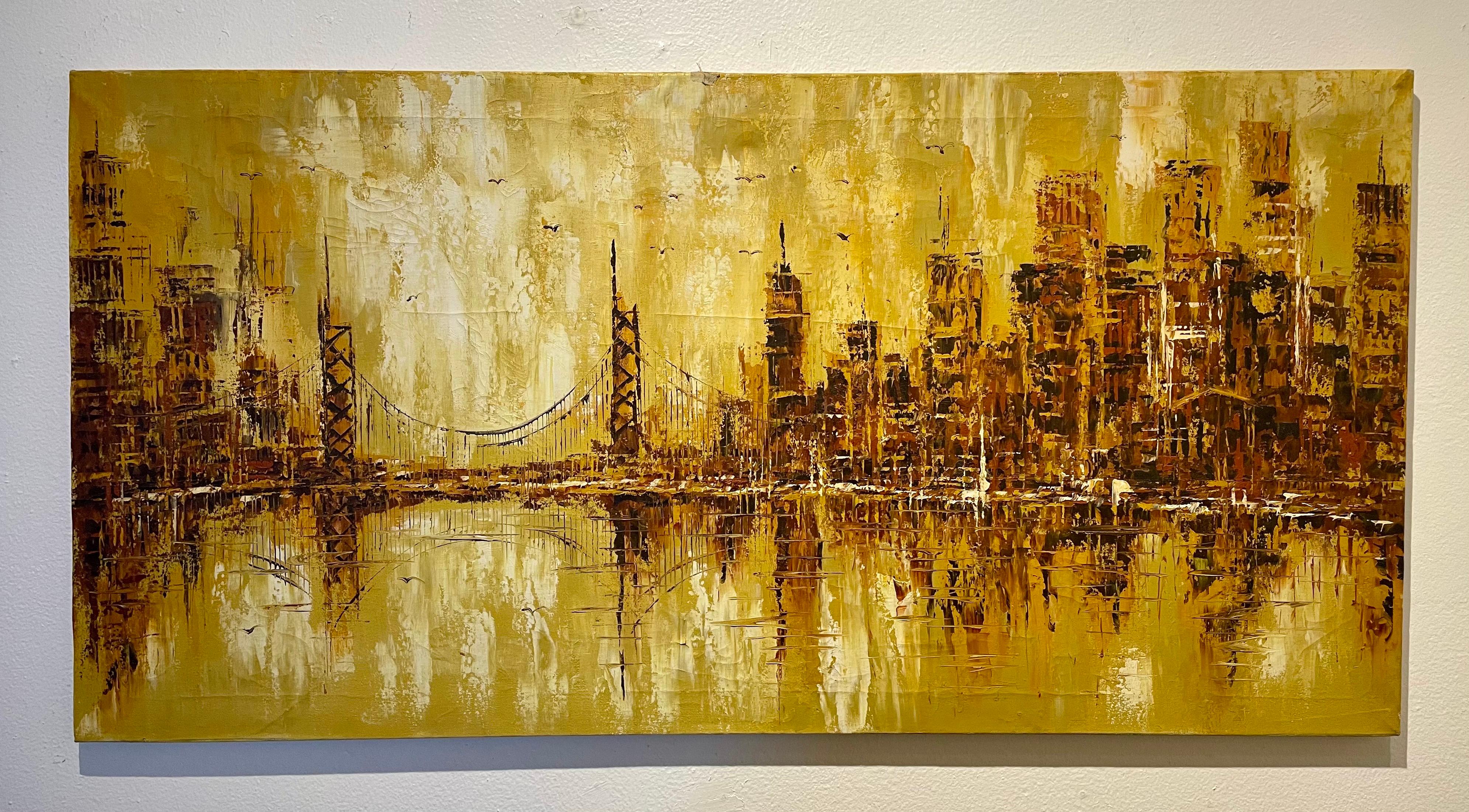 Nice colors on this unframed cityscape circa 1960s oil on canvas palette style, we believe its Manhattan, well-done piece nice size 48