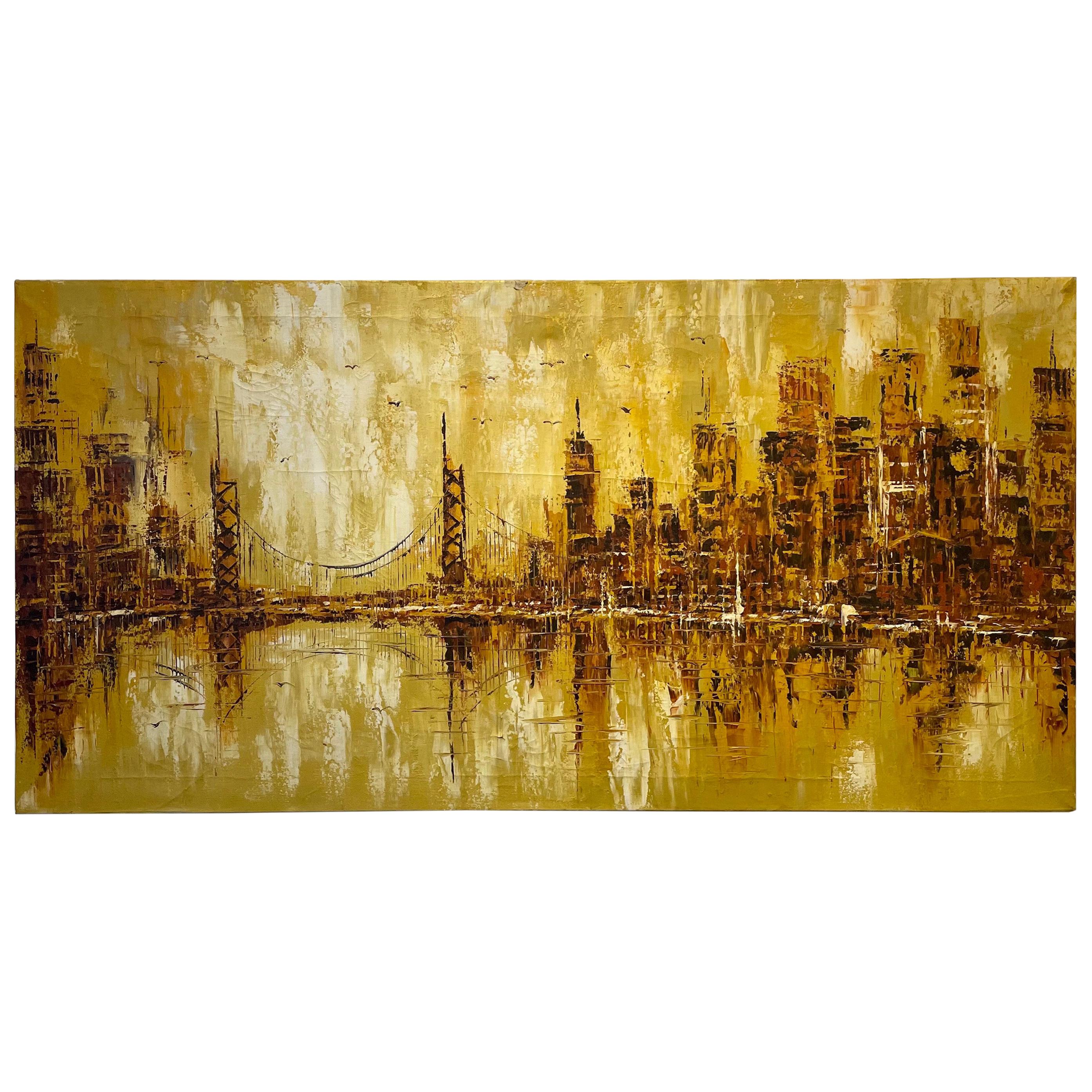 Mid-Century Modern Oil on Canvas Abstract Cityscape Painting Palette