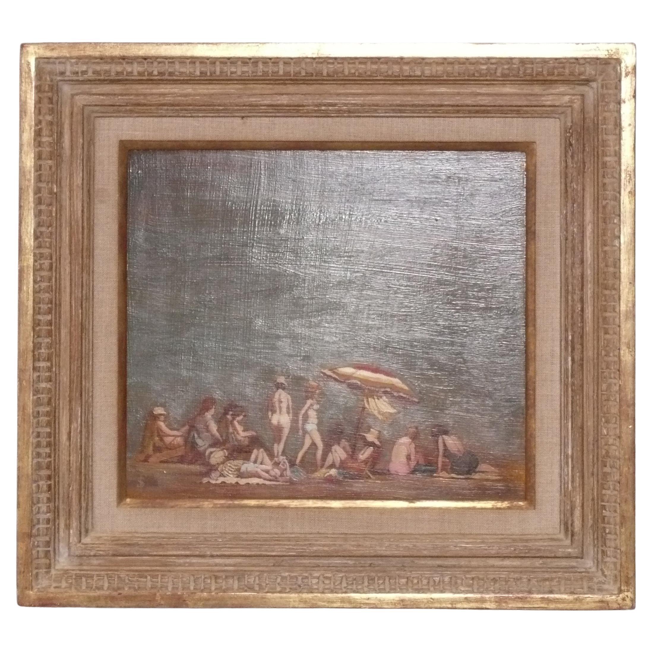 Mid Century Modern Oil on Canvas Beach Scene Painting 16.75" x 18.25" 1970s im Angebot