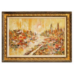 Mid-Century Modern Oil on Canvas Cityscape by M. Dick