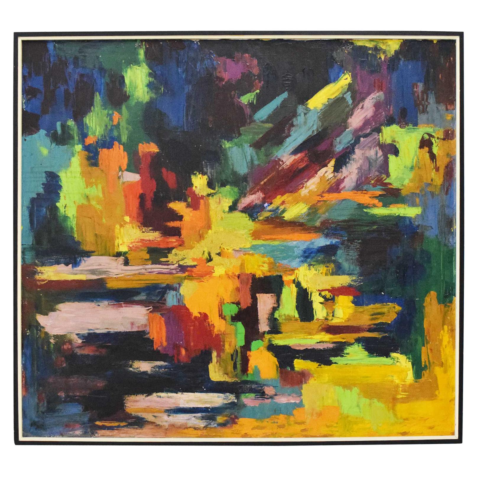 Mid-Century Modern Oil on Canvas in Vibrant Blues, Yellow, Greens, Dated 1967