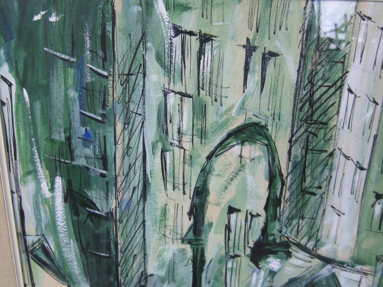 Stunning oil on canvas of lower Manhattan, blues and green hues. Notice the street signs. Signed Regan. I believe this is the original frame. Total measurements: 35.5 in x 25.5 in, canvas 29.25 in x 29. 3/8 in. Be sure to check our storefront for