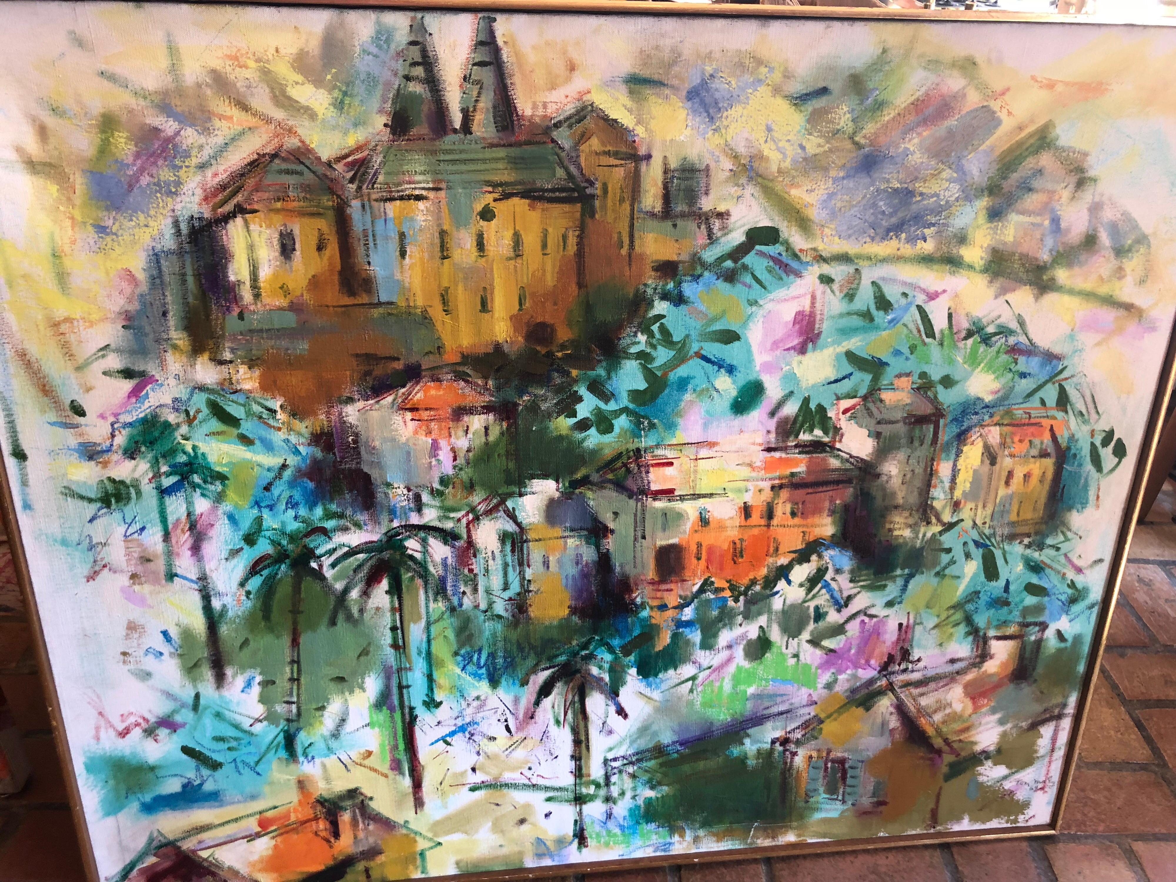 Mid-Century Modern oil on canvas of palm tree village. Vibrant colors and nice square shaped canvas.
Fabulous Hollywood Regency style motif ready for that designer home.Very Palm Beach!Signed and dated lower right 1964. Thomas Maley (1911-2000)