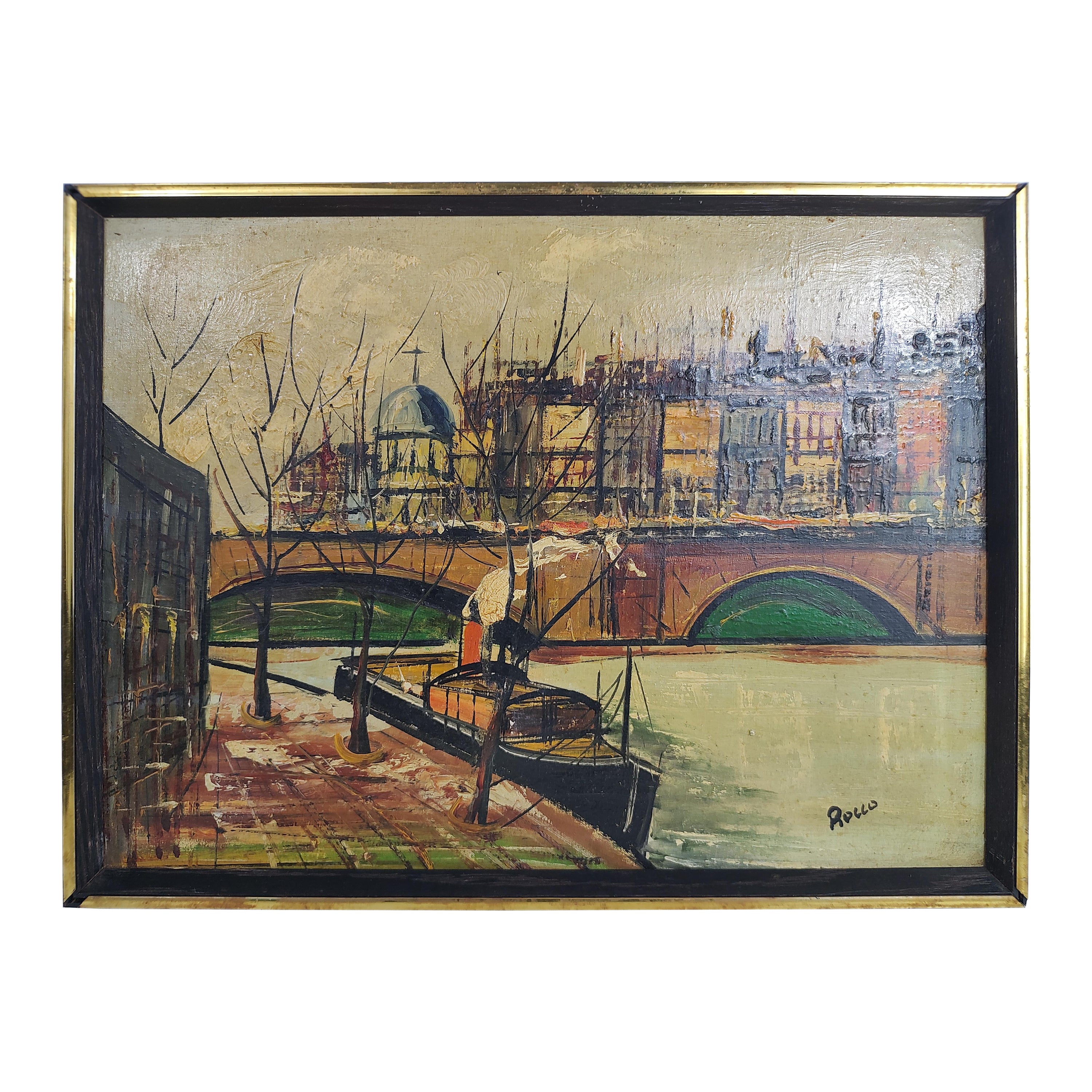 Huile sur toile moderne du milieu du siècle représentant le Rhône et le Vatican par Rocco