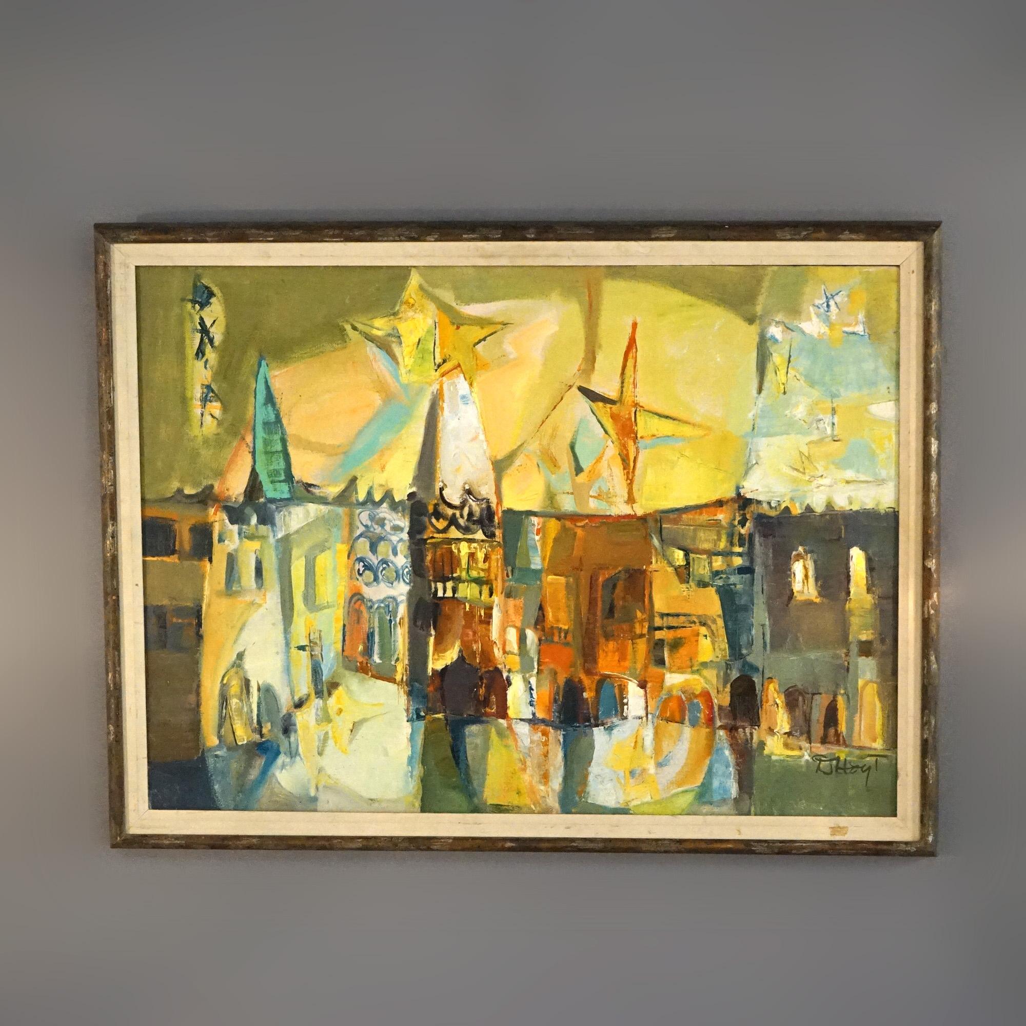 A Mid Century Modern abstract painting by D. Hoyt titled “Venitian Night” offers oil on canvas street scene , artist signed, mid 20thC

Measures - 25