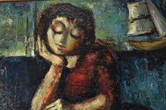 Mid Century Oil Painting Aldolfo De Ferrari Ferrari Female Figure with Sailboat