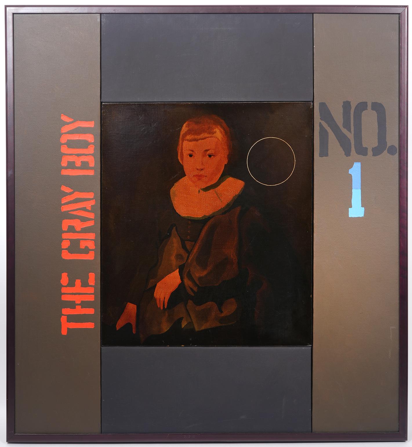 This is an original oil painting by Bunn Gray (American, 20th century artist). Painting is signed and dated 1969 on verso. 'The Gray Boy'. The painting is comprised of multiple canvases added together. Oil on canvas framed under glass.
 