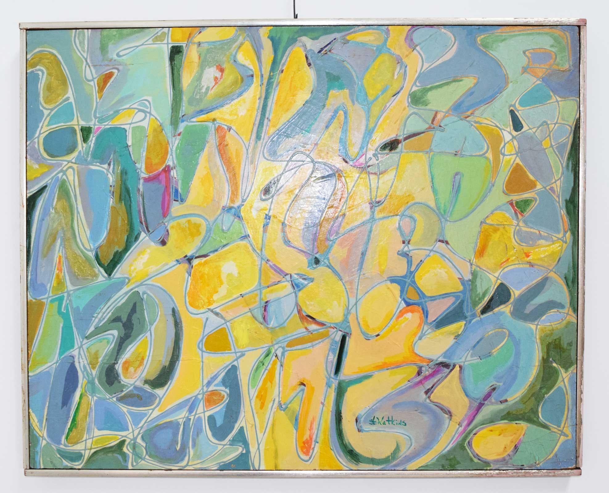 Beautiful colorful oil painting on board, signed H. Watkins and dated 1974. Colorful blues, yellows, greens with drip technique.