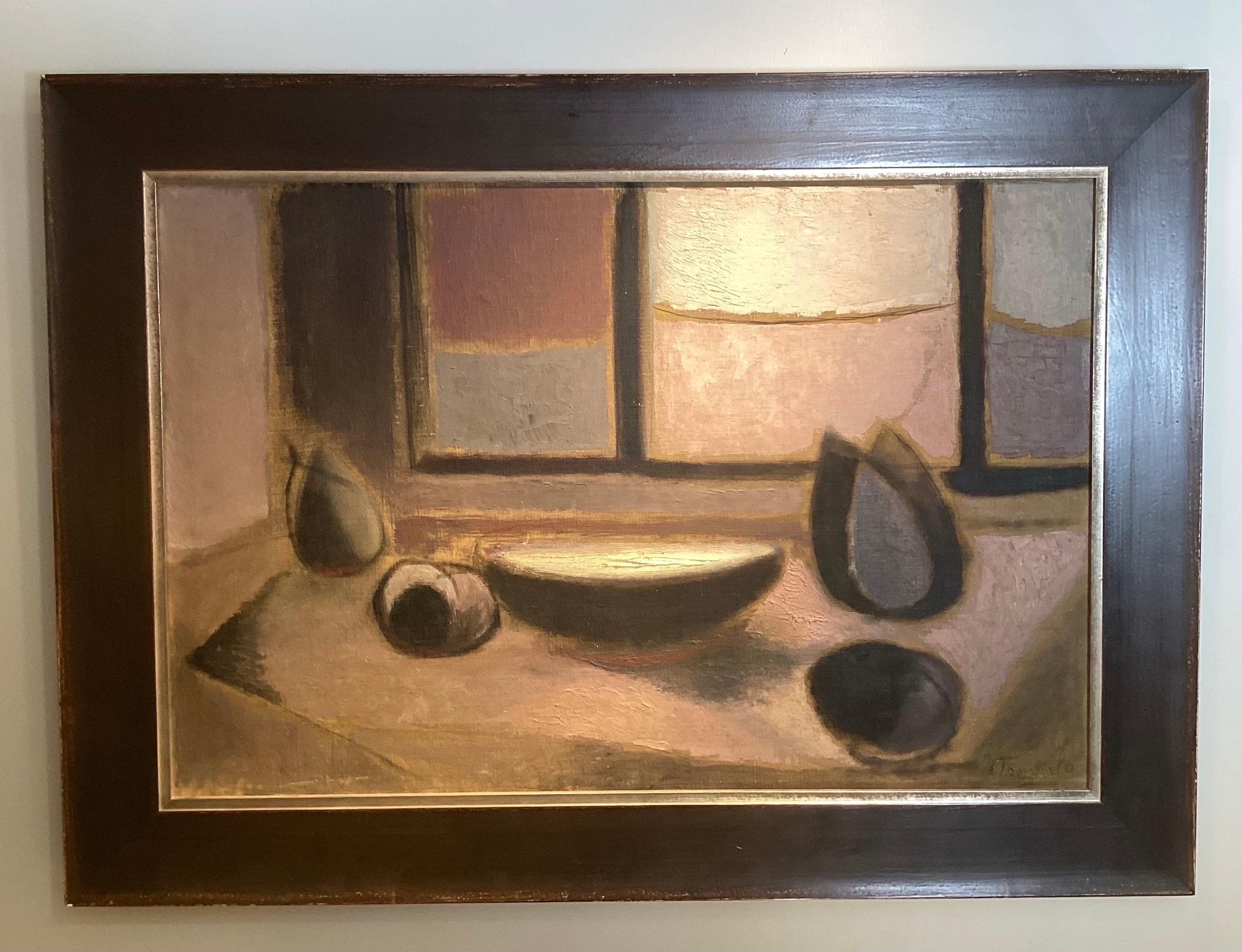 The painting shows a table with several objects, including what appears to be a bowl and some fruit or other rounded forms. The color palette consists of muted, earthy tones with soft pinks, browns and grays.
The background features a window with