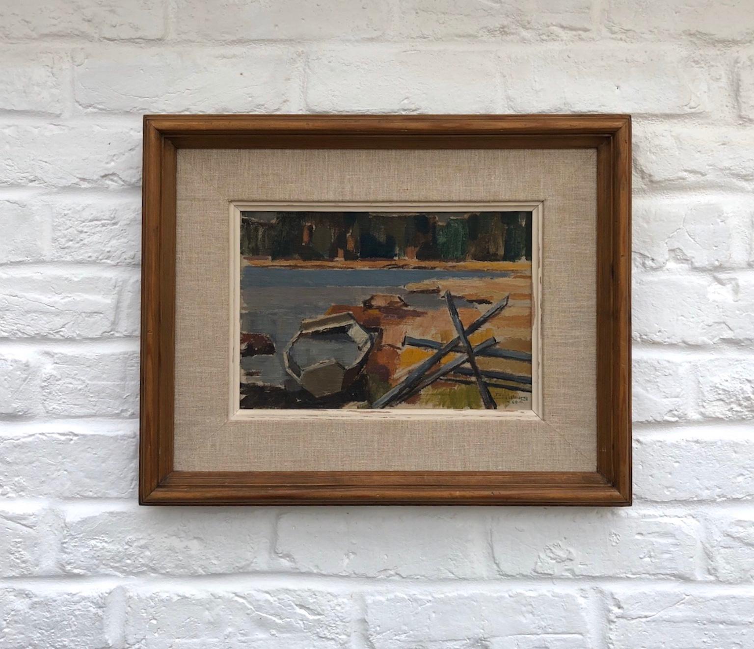 Mid-Century Modern oil painting by Tore Lundborg, Swedish, 1955.

Beautiful muted colors depicting slightly abstract landscape with boat. Signed and dated bottom RH corner. Oil on board. Original natural pine wood and linen frame.

Tore Anders