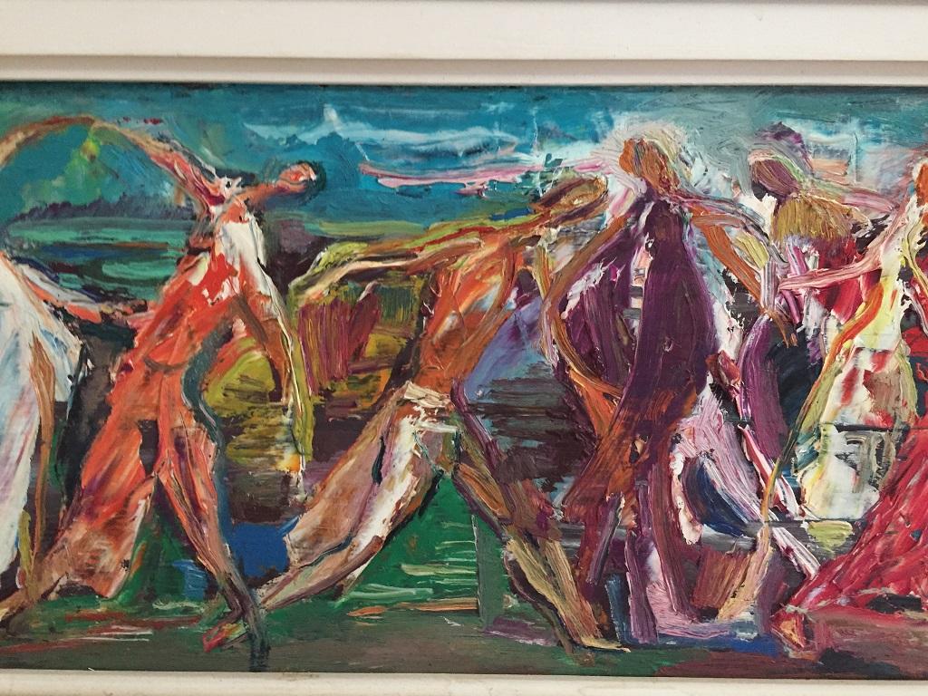 French Mid-Century Modern Oil Painting David Garfinkiel Framed Abstract  For Sale