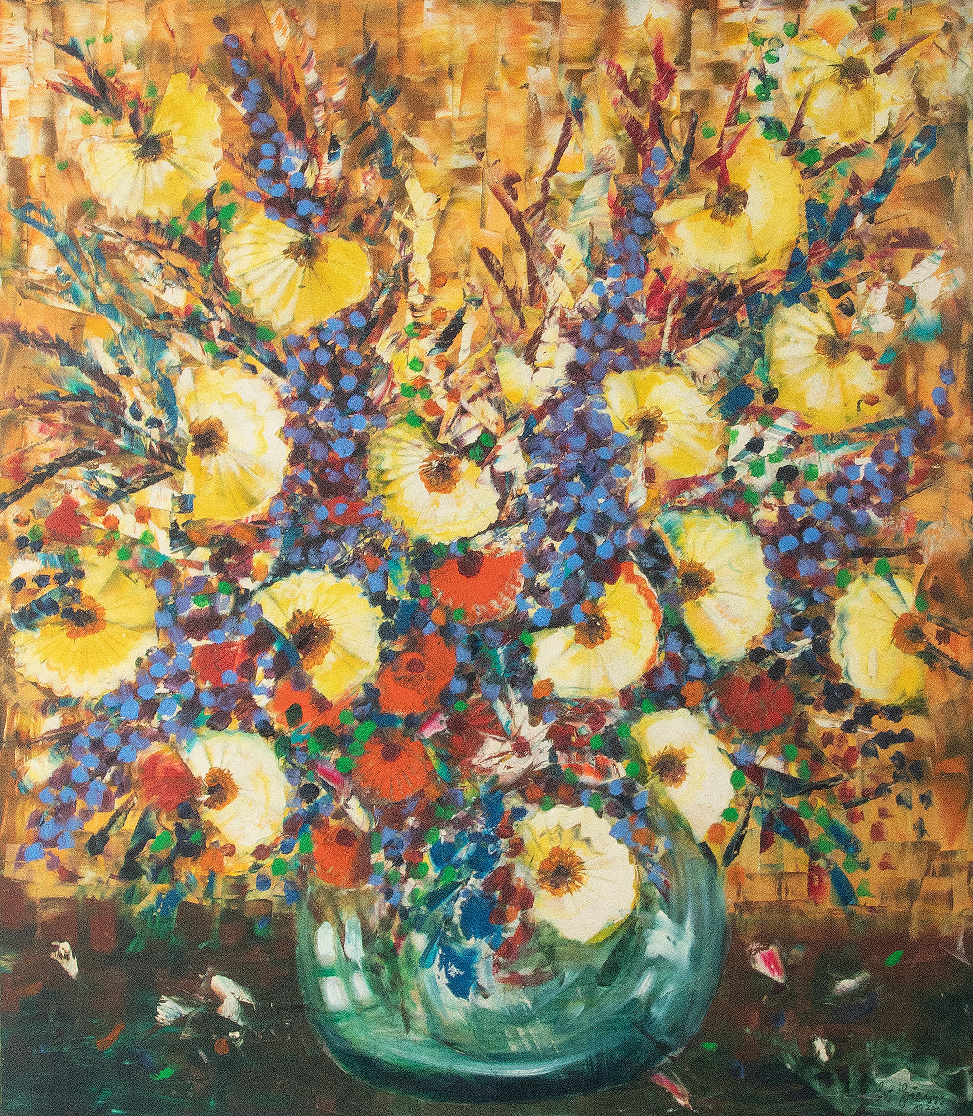 Beautiful and colorful mid century modern painting of a flower still life. The painting dates from circa 1960 and is framed in a simple black wooden frame. The painting is signed lower right J.C. Pierre, no further information is known about this