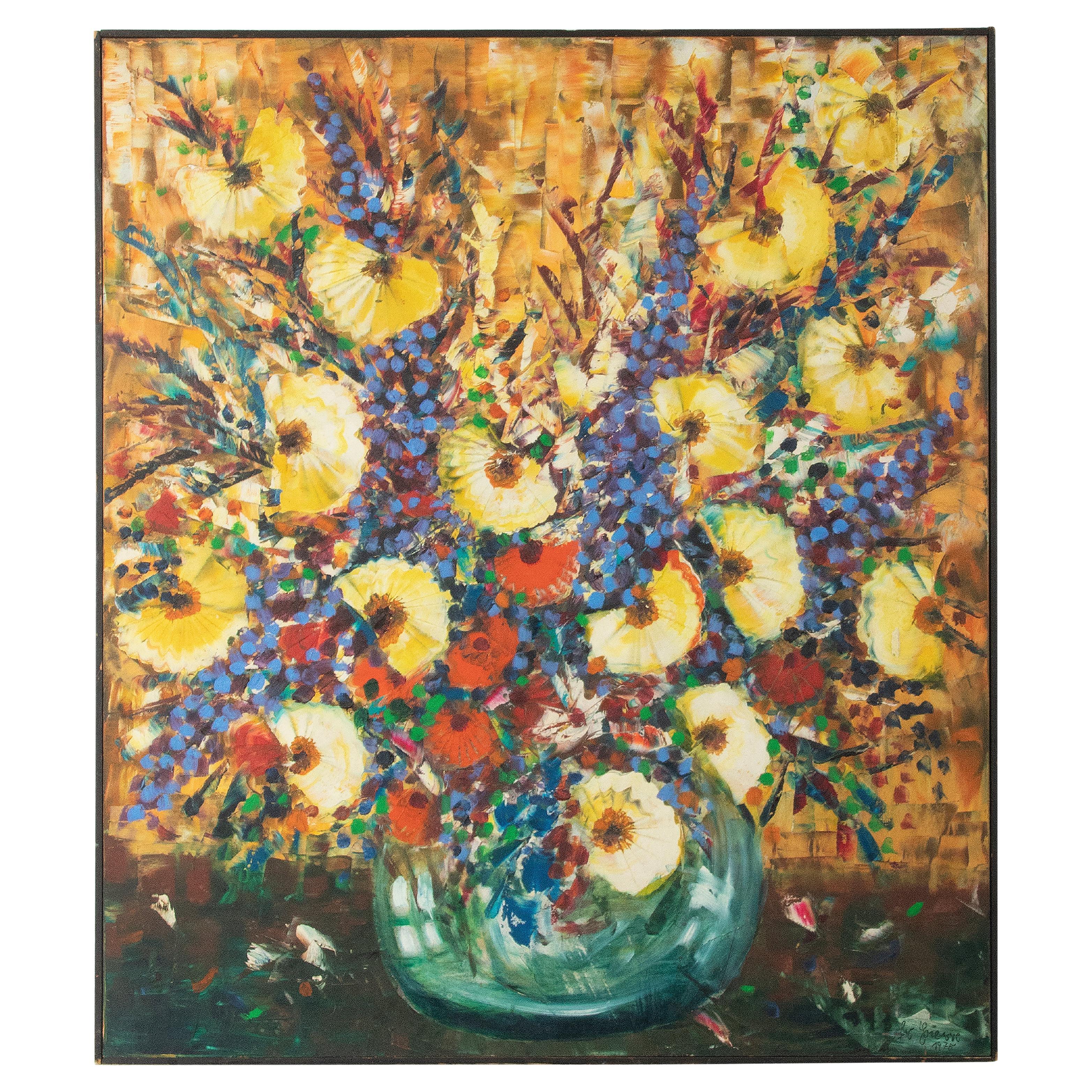 Peinture à l'huile moderne du milieu du siècle - Nature morte de fleurs signée J.C. Pierre