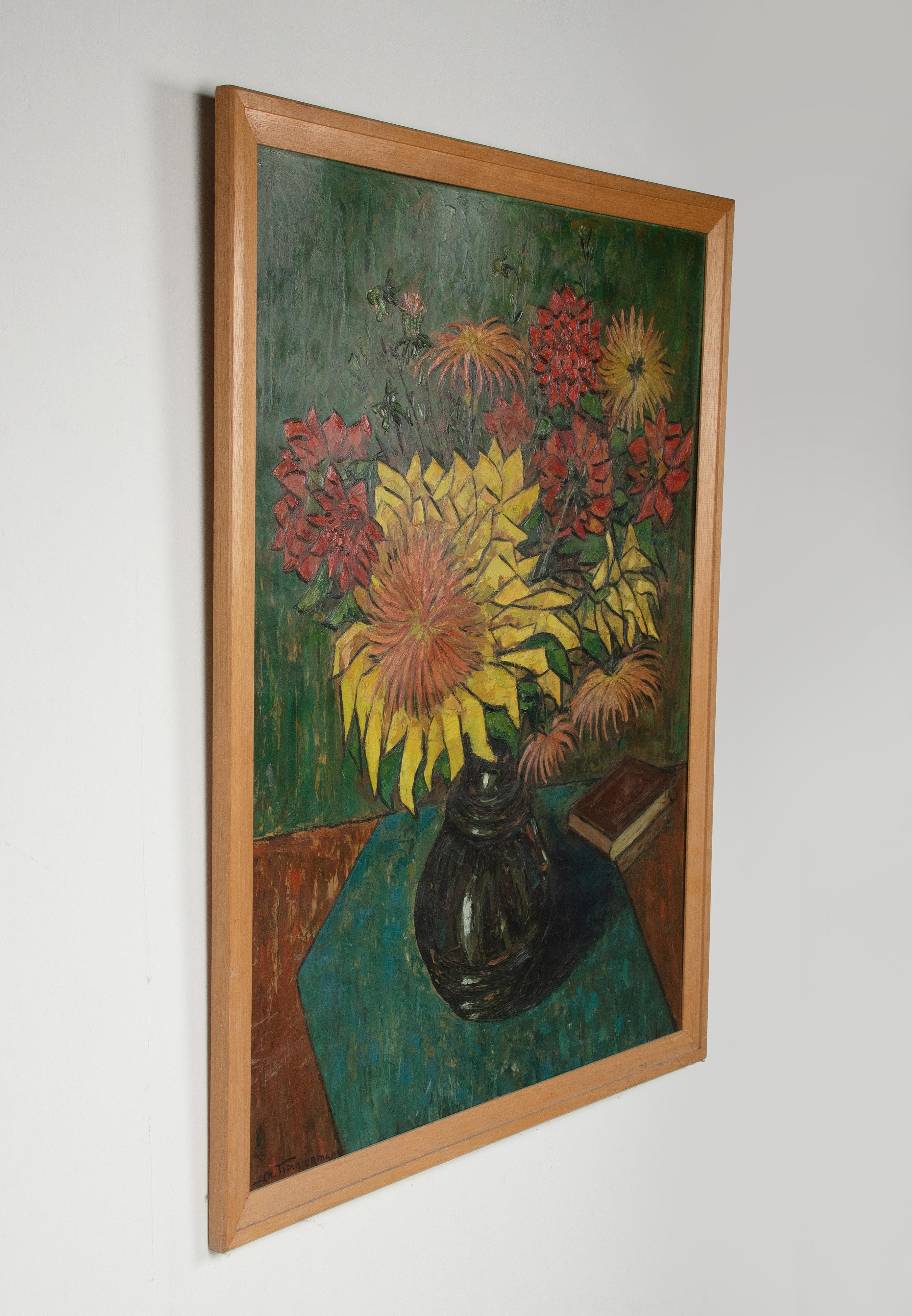 Hand-Painted Mid Century Modern Oil Painting Flower Still Life signed Timmermans