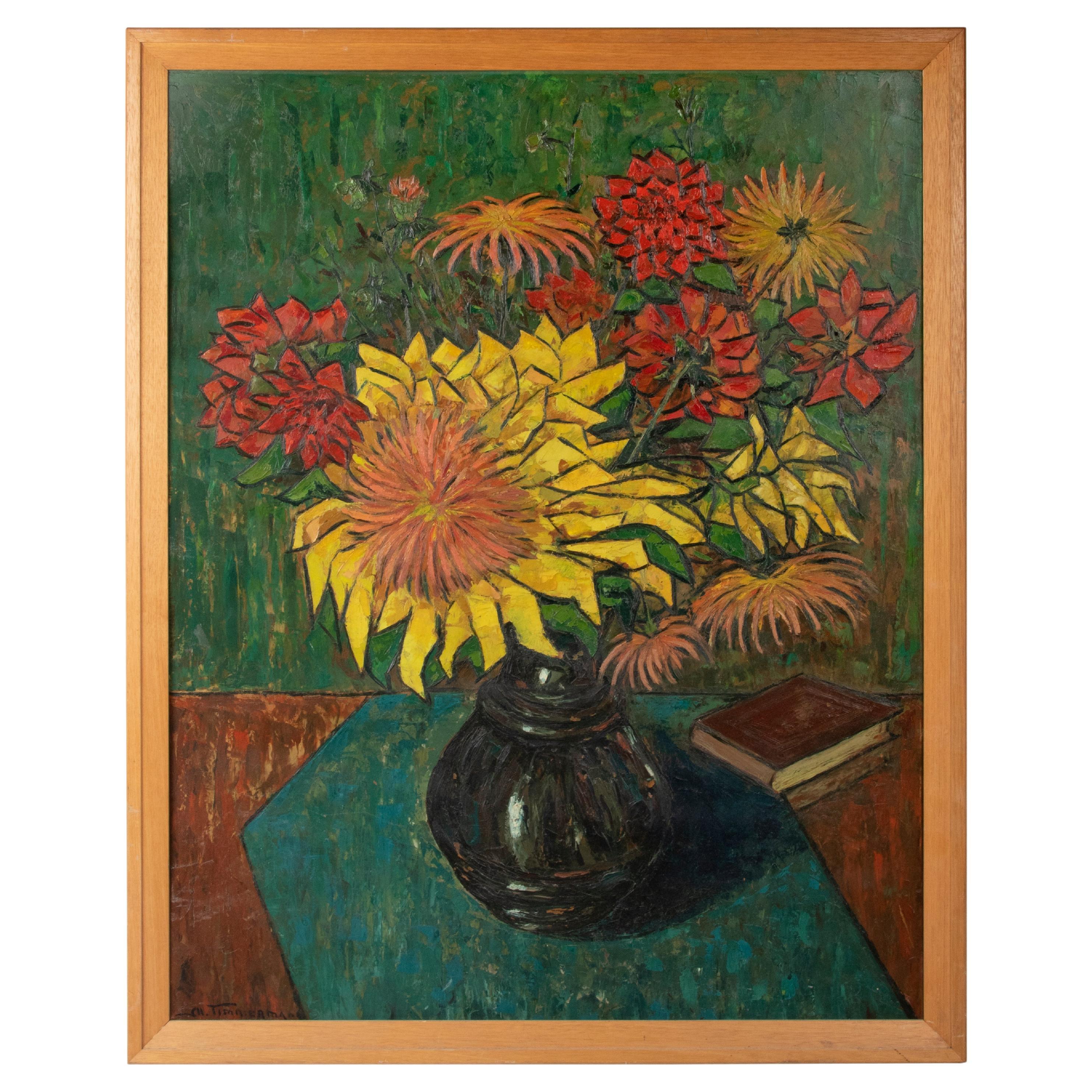 Mid Century Modern Oil Painting Flower Still Life signed Timmermans