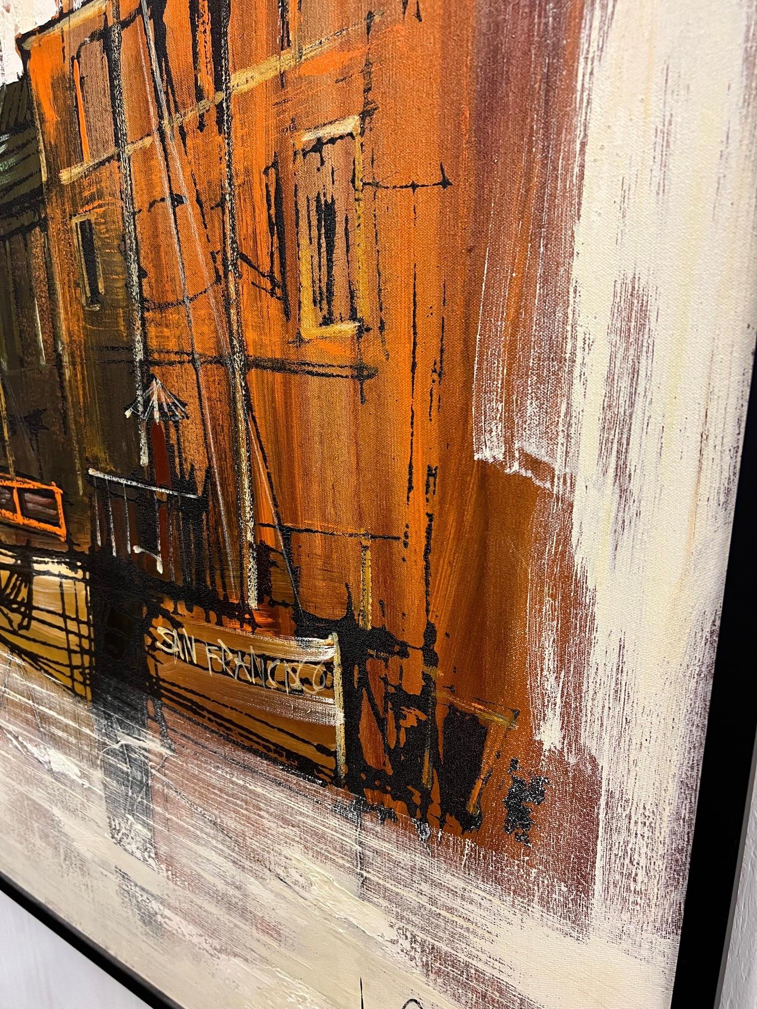 Amazing large oil painting of the Fisherman's Wharf in San Francisco. By Lee Reynolds. Signed in the right bottom corner. Oil painting on canvas.
Dimensions: 61.25
