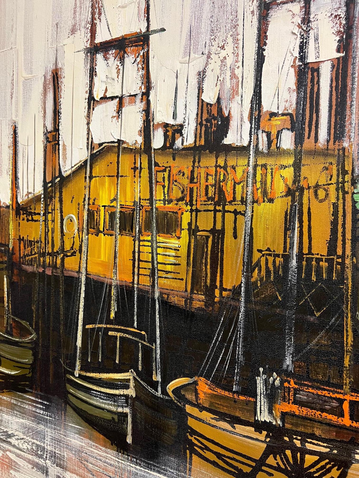 Mid-Century Modern Oil Painting Lee Reynolds San Francisco Fisherman's Wharf In Good Condition In Atlanta, GA