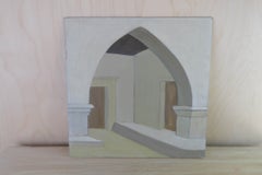 Mid-Century Oil Painting of A Gothic Interior By Priscilla Dimsdale