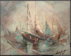Mid Century Modern Oil Painting Of Sail Boats Framed In A Hardwood Frame.