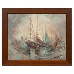 Mid Century Modern Oil Painting Of Sail Boats Framed In A Hardwood Frame.