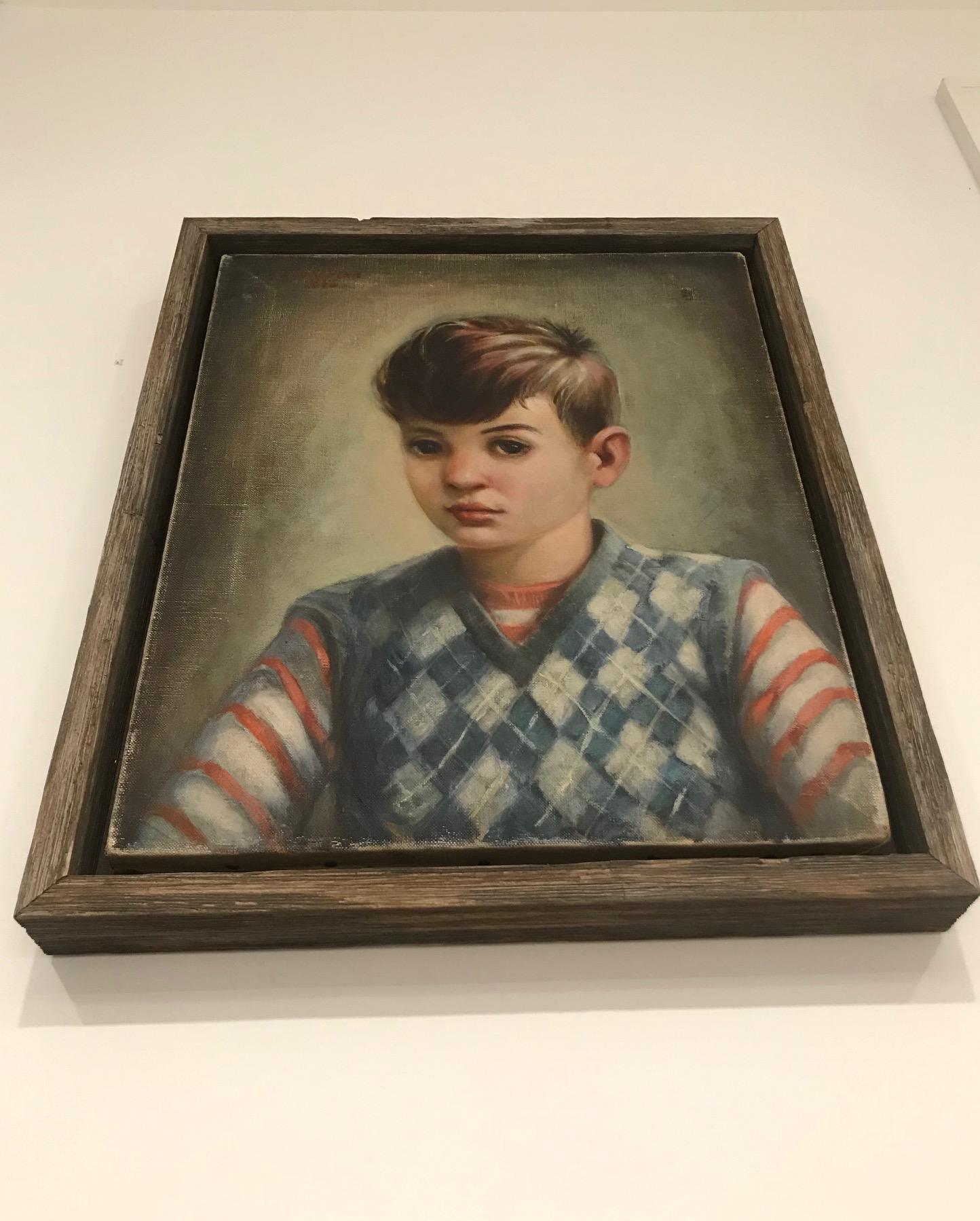 Canvas Mid-Century Modern Oil Painting, Portrait of Boy by Robert Rukavina, circa 1948 For Sale