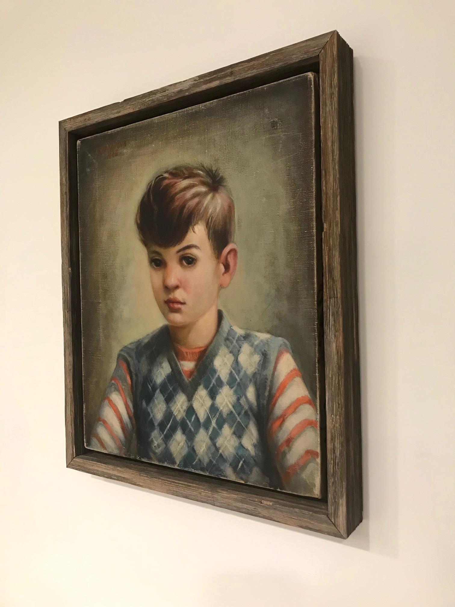American Mid-Century Modern Oil Painting, Portrait of Boy by Robert Rukavina, circa 1948