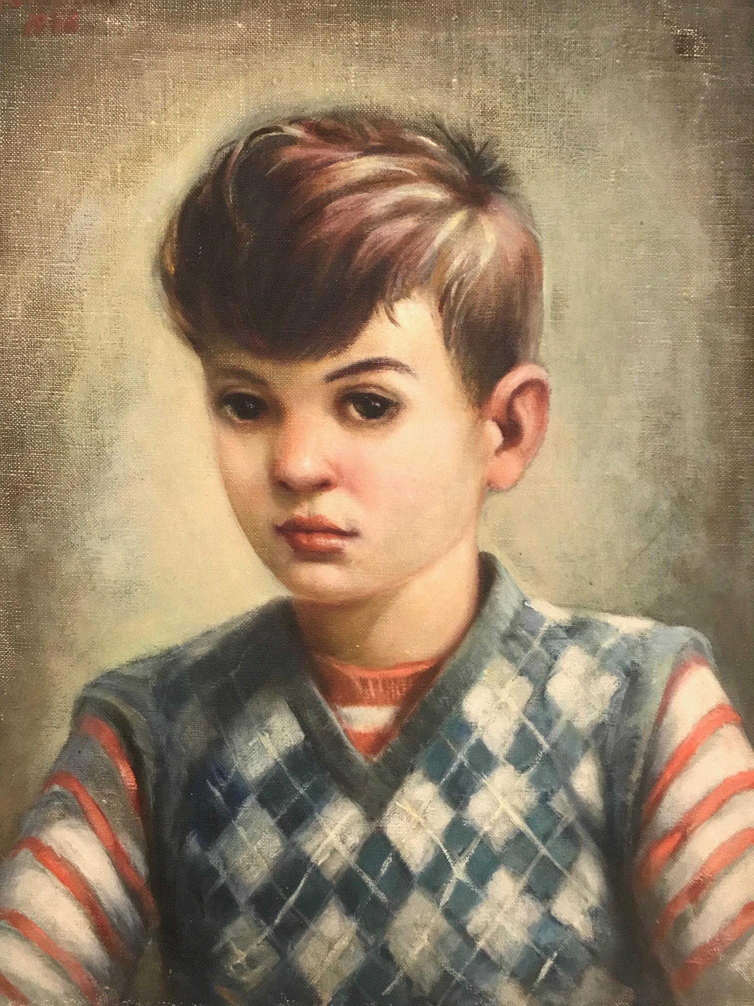 Américain Peinture à l'huile moderne du milieu du siècle, Portrait de garçon par Robert Rukavina, vers 1948 en vente