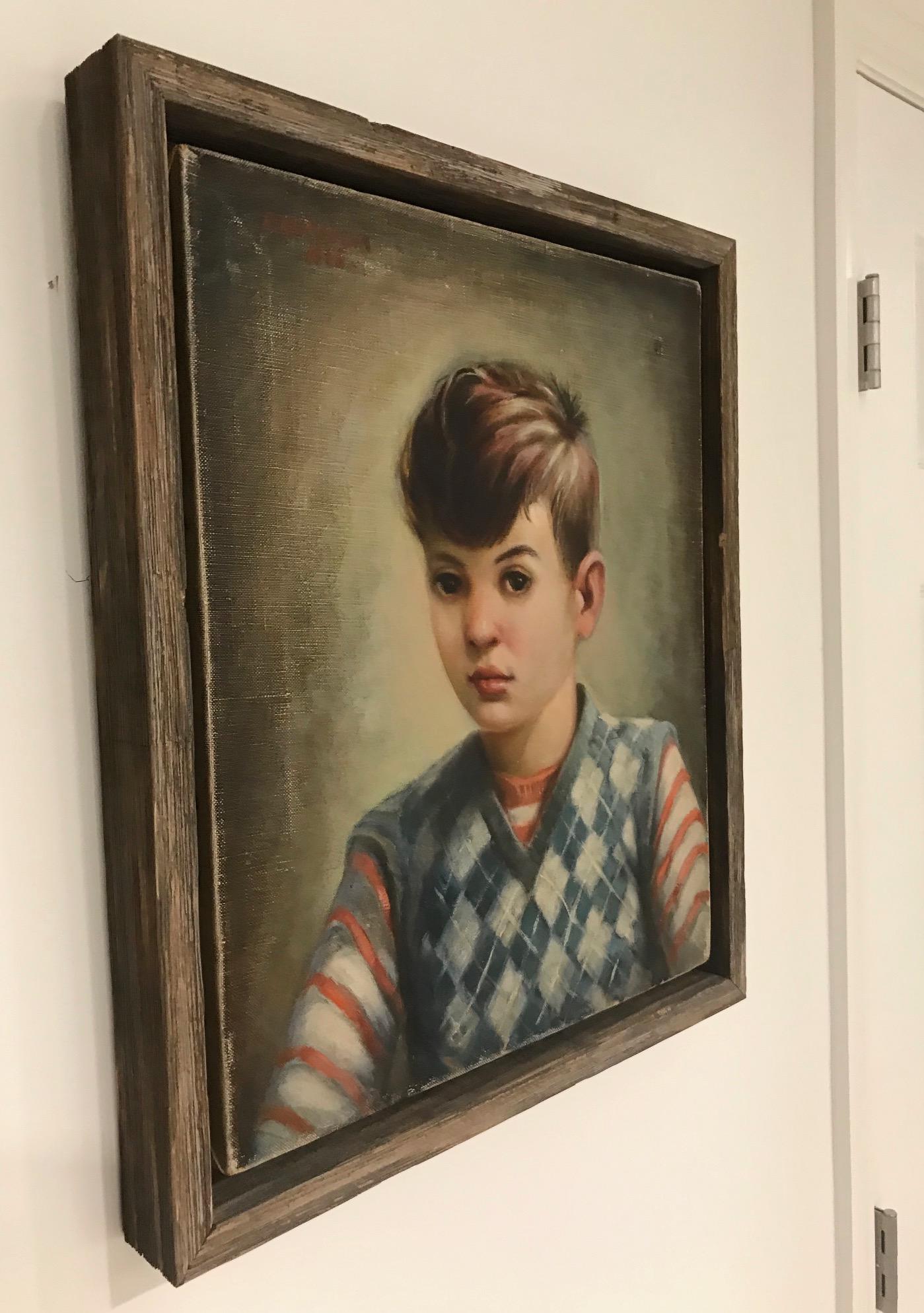 Peinture à l'huile moderne du milieu du siècle, Portrait de garçon par Robert Rukavina, vers 1948 Bon état - En vente à Fort Lauderdale, FL