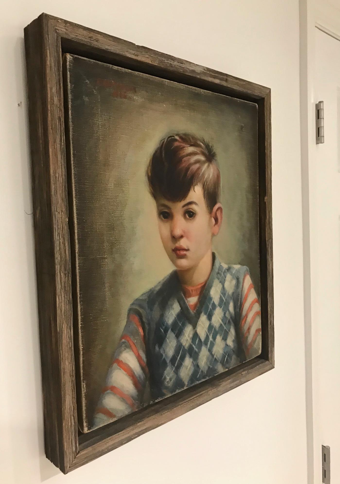 Óleo moderno de mediados de siglo, Retrato de niño de Robert Rukavina, hacia 1948 en Bueno estado para la venta en Fort Lauderdale, FL